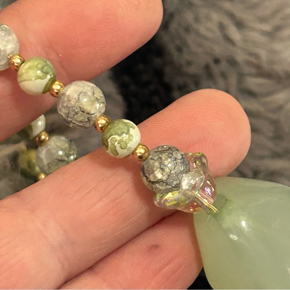 Handcrafted green tone art glass bead necklace
